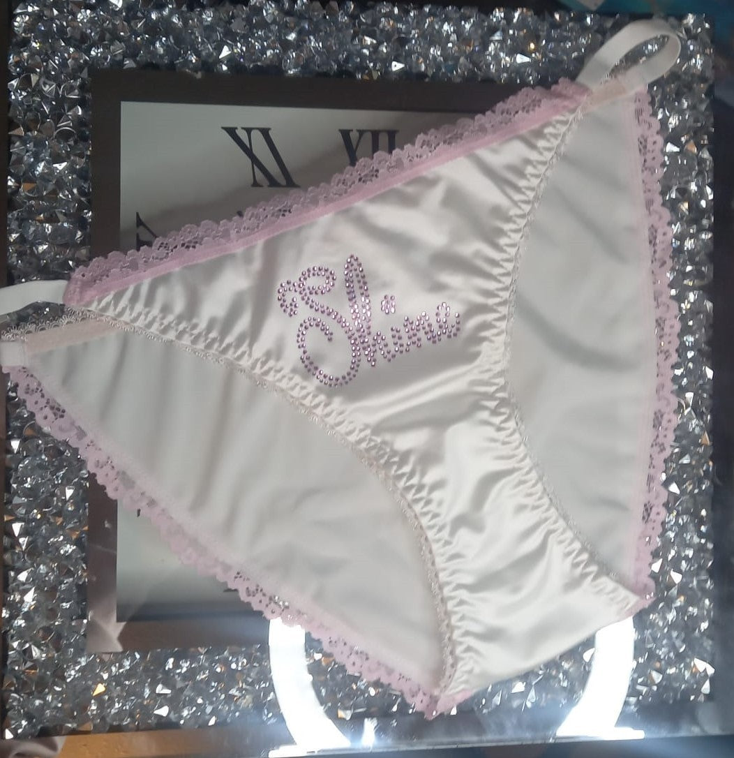 Women's white soft silky feel satin tanga panties SHINE print sissy size 10 (M)