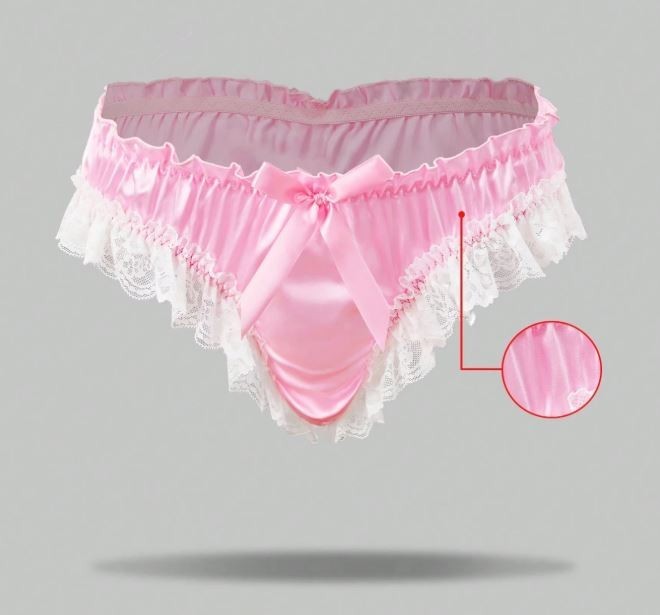 Men’s pink Satin silky feel panties ruched Luxury sissy lace trim size M 10