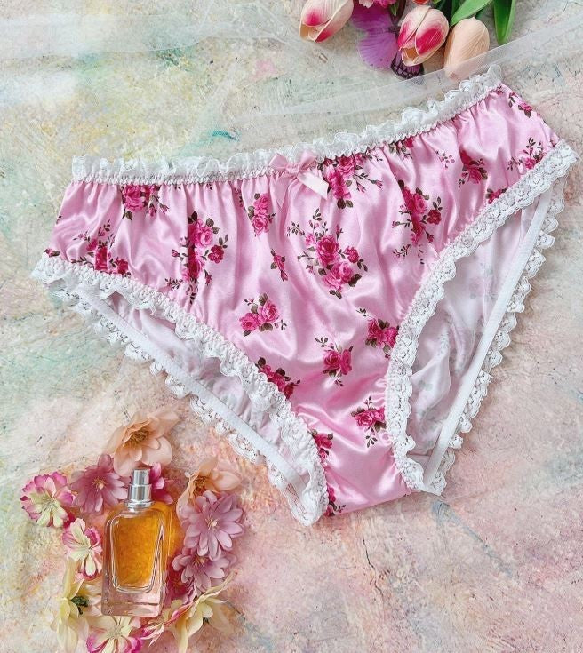 Women's silky feel floral satin panties ruched bum knickers lace trim size 8 (S)