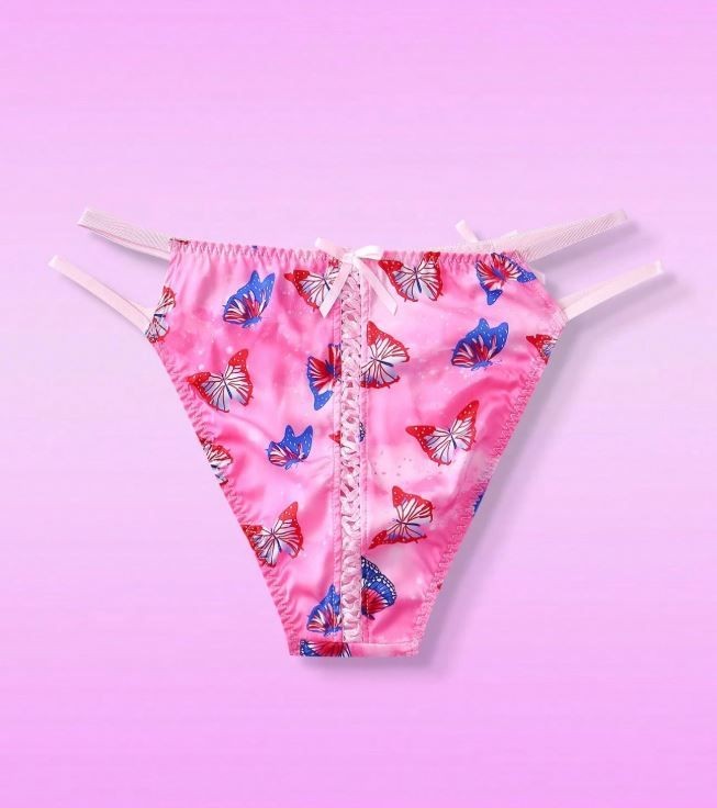 GlossGlam pink soft silky feel satin panties tangas butterflies print size 8 (S)