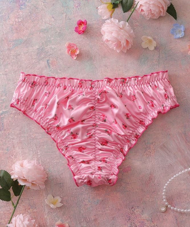Silky feel Satin Floral Knickers Briefs pink lettuce trim sissy size 16-18 / XL