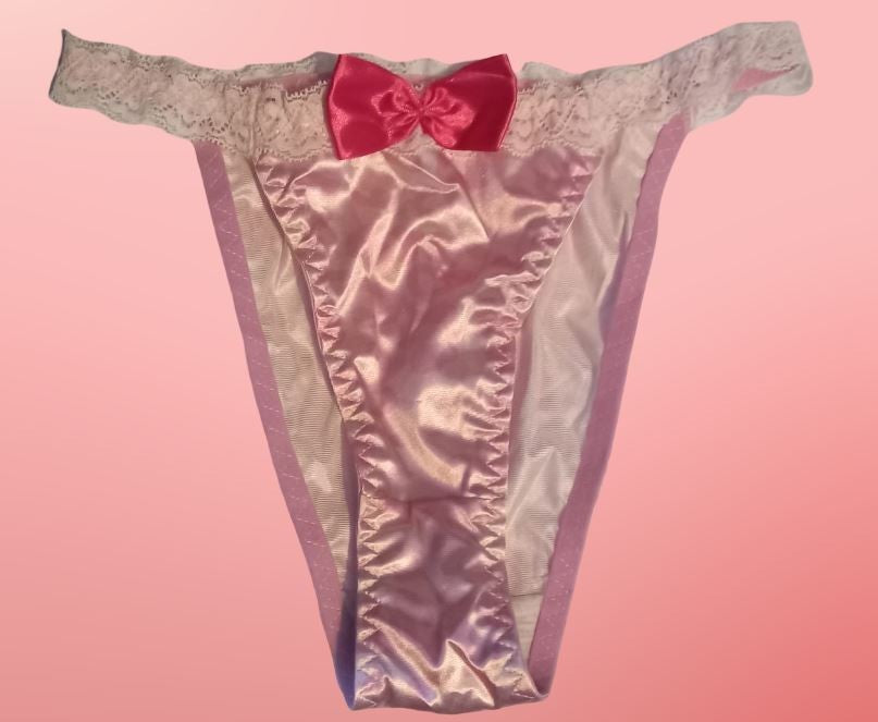 Stunning women's soft silky feel satin knickers tanga lace trim panties pink
