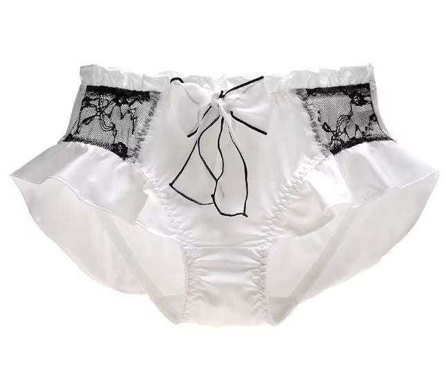 Luxury soft silky feel satin knickers panties black lace bow ruffles UK 14 / XL
