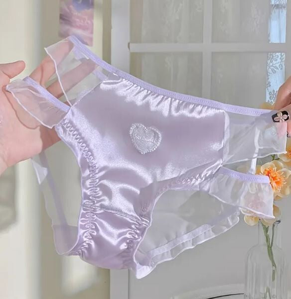 3 Pack Women's stunning satin / mesh knickers heart detail lace trim sissy CD TV