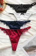 Seamless Floral Lace Trim Bow Decor Satin Thongs romantic panties sissy bridal