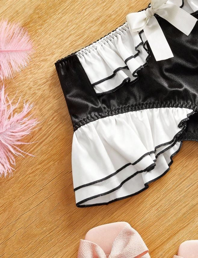 Silky feel Satin Frilly Knickers Briefs black Panties white ruffles size 12-14/L