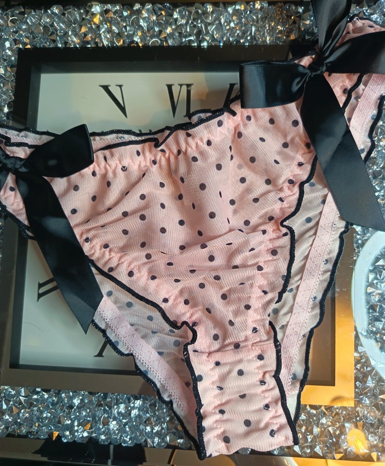 Semi sheer panties pink polka dot knickers satin bow lettuce trim UK 12-14 / L