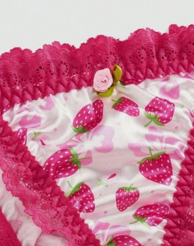 Strawberry Lace Tie Side Knickers Pink Frilly Panties Kawaii sissy size S UK 8