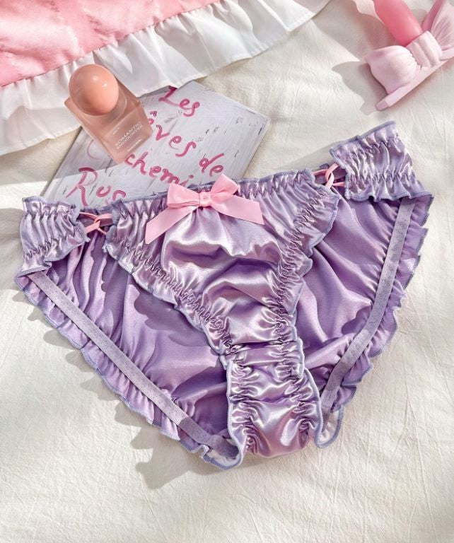 Sexy Lilac Satin Frilly Panties Bow Kawaii Lingerie Knickers silky size M UK 10