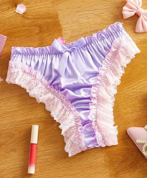 Women's silky feel lilac satin panties ruched bum knickers lace trim size 8 (S)