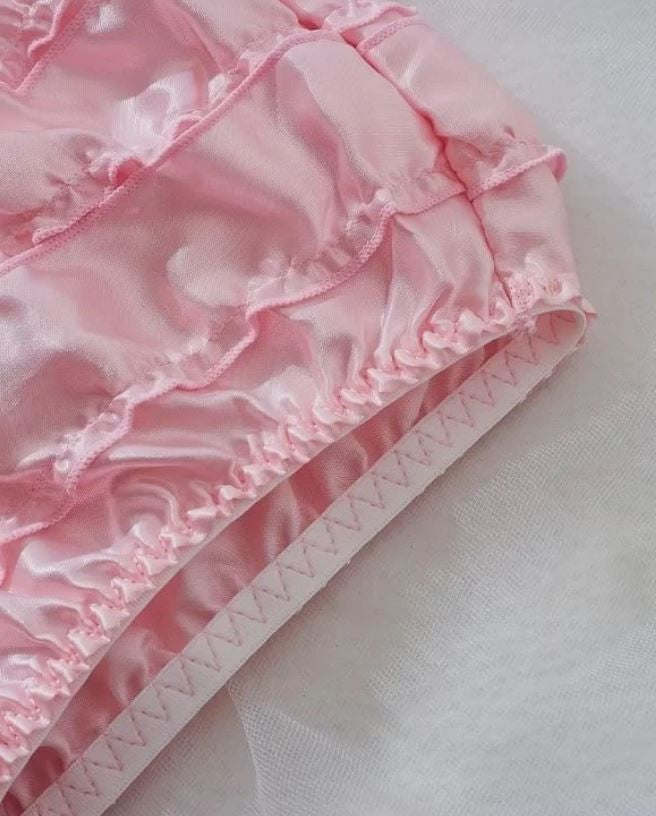 Women pink silky feel satin knickers ruffles red bow panties sissy CD size 8  S