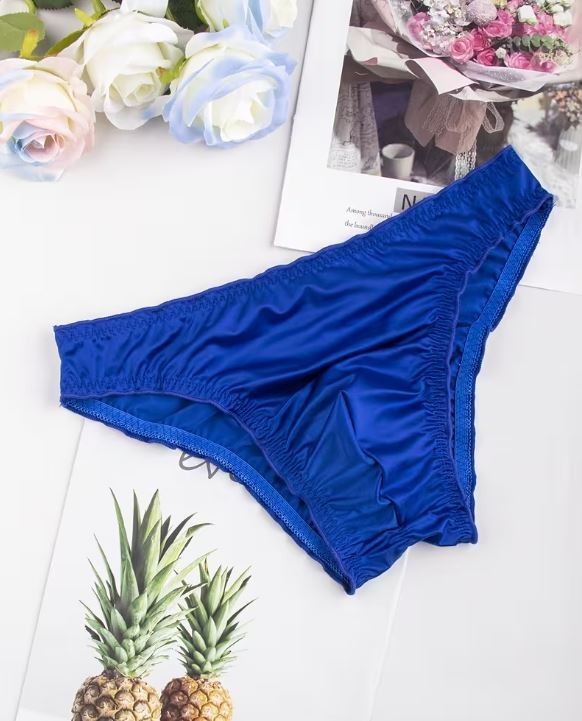 Men’s Satin ice silky ruched Panties Hot BLUE sissy Soft & Stretchy size L 12-14