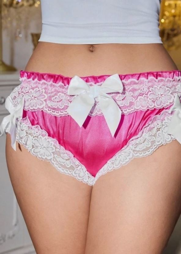 Pink Satin White Lace Frilly Knickers Bow Detail Sissy Style Briefs size M 10