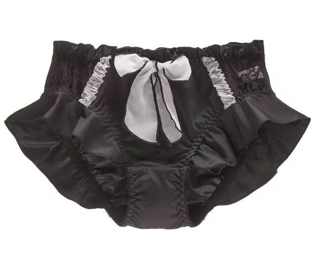 Luxury soft silky feel satin knickers panties black lace bow ruffles UK 14 / XL