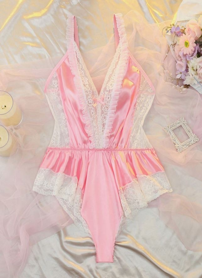 Women’s Pink Satin & Lace Teddy Bodysuit Deep V Babydoll Lingerie size 2XL 20