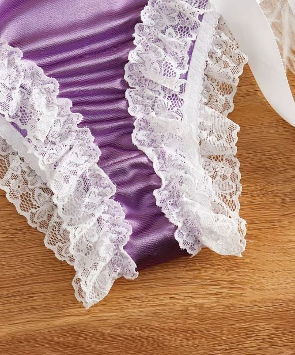 💜 Purple Satin Lace frilly trim Knickers Bow Tie Side panties sissy size M 10