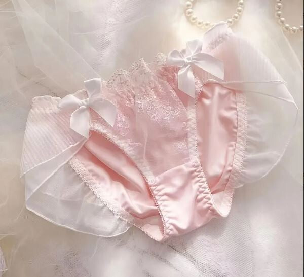 HOT! Japanese soft silky feel mesh trim panties embroidered bow tanga #sissy