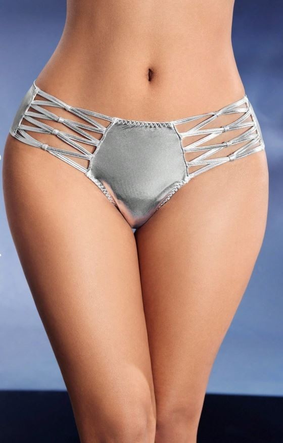Womens silver soft PVC feel satin panties front design sissy festival size 8 (S)