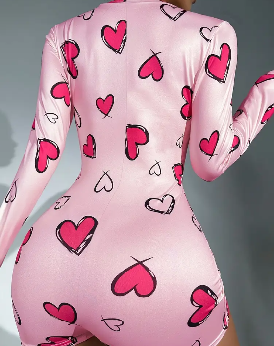 V neck heart print soft feel romper playsuit long sleeve polyester PJ