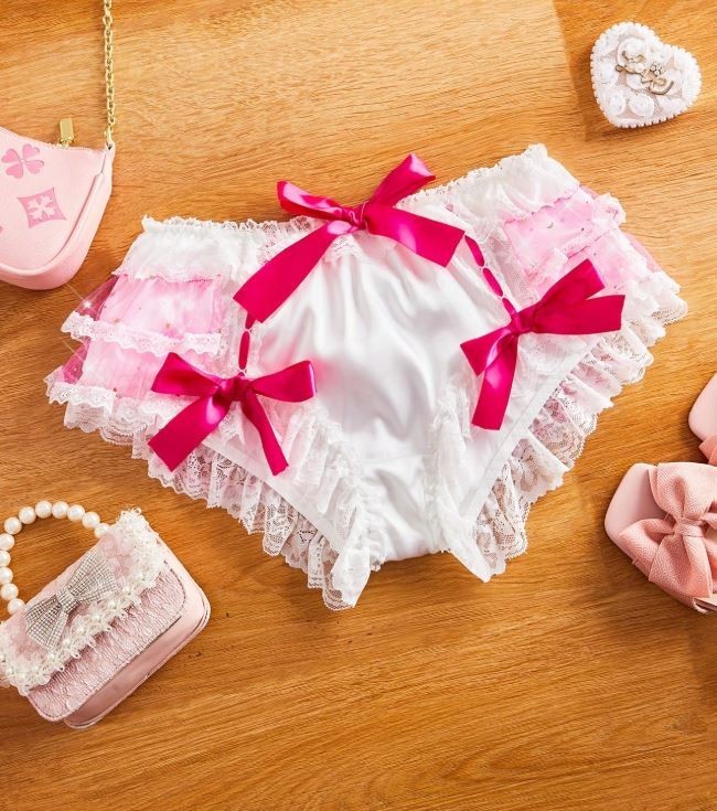 White Satin Lace Ruffle Knickers Bow Detail Coquette sissy panties size M 10