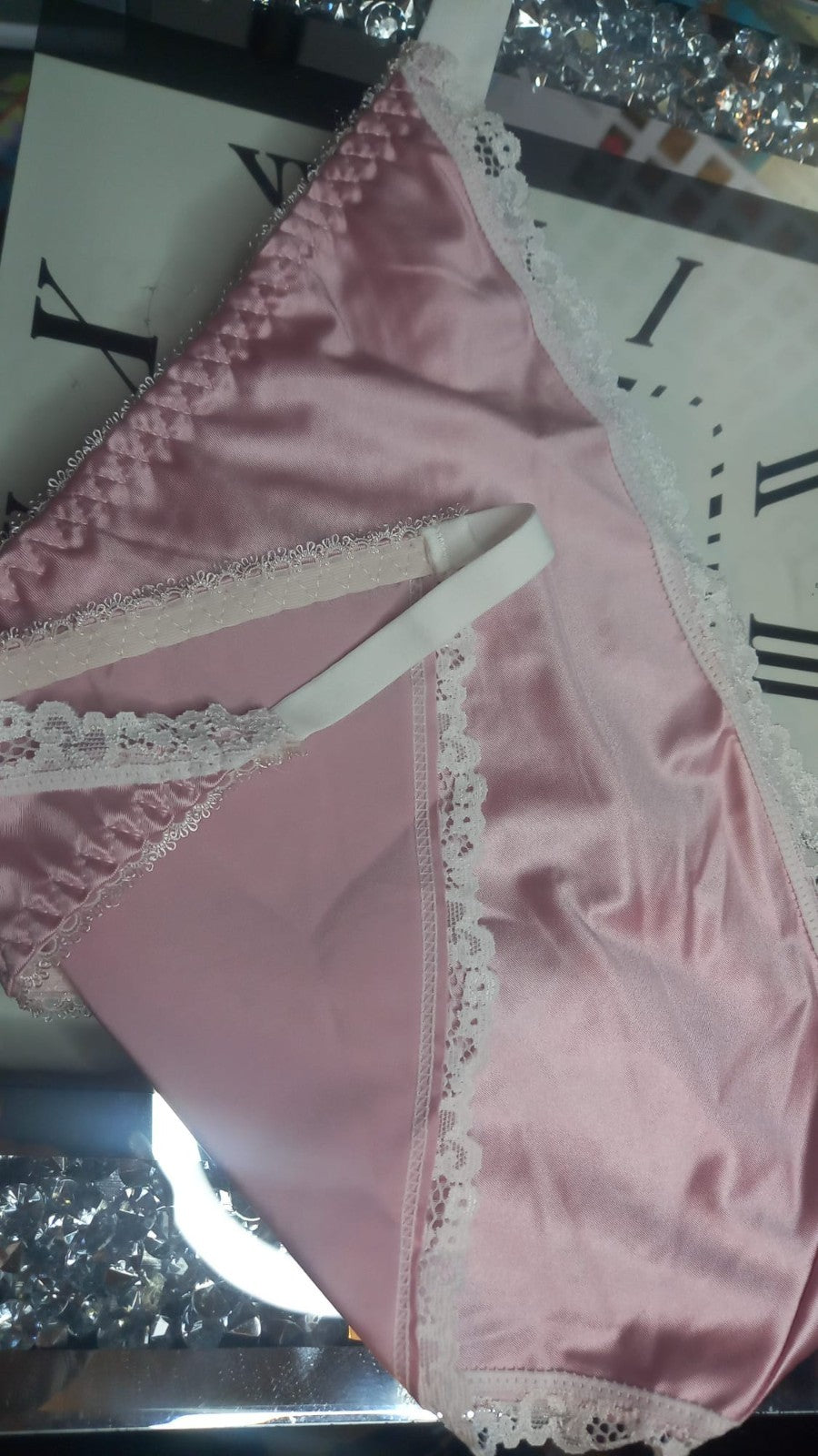 Womens pink soft silky feel satin tanga panties SHINE print sissy size 12/14 (L)