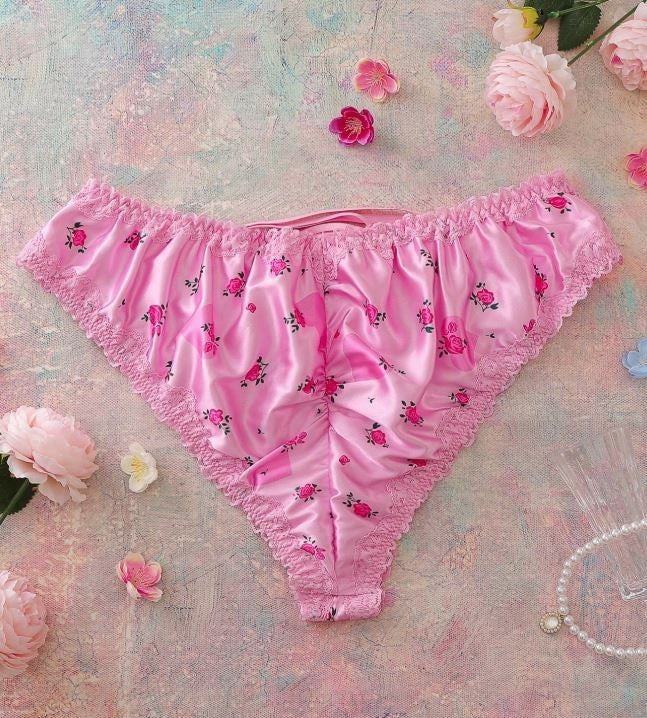 Women’s Pink Satin Floral Lace Trim Knickers Ruched Lingerie Panties XL 16-18