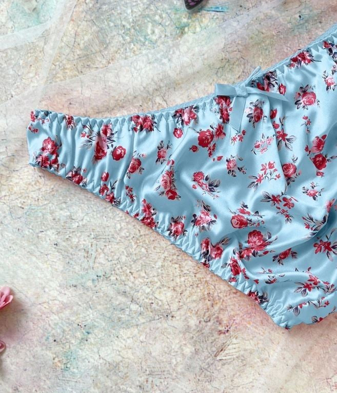 Women's floral blue silky feel knickers satin panties bow underwear sissy CD TV