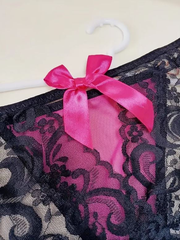 Women's soft mesh tanga Knickers Size S-UK 8 Pink Bow open crotch French style