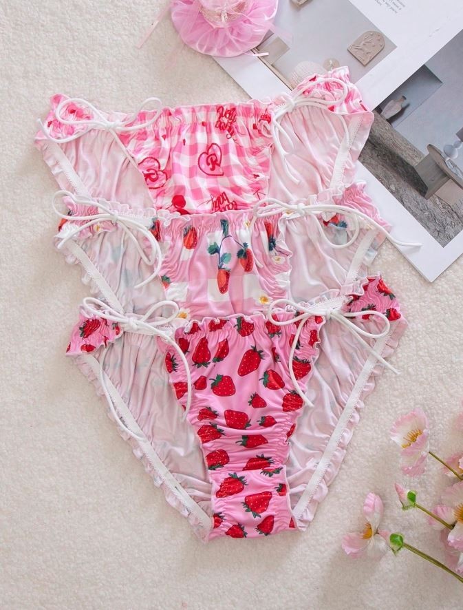 Sexy soft silky feel satin knickers side ties fruity frill trim UK 8 / S sissy