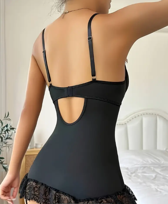 Hot black sexy corset with pink bow decor ruffle lace hem & thongs all in one