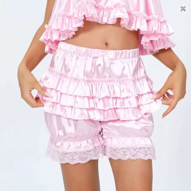 Silky satin bloomers luxury PINK shorts pants ruffled lace sissy size M / UK 10