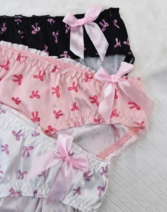 Adorable women's soft satin silky feel knickers bow printed panties bow details