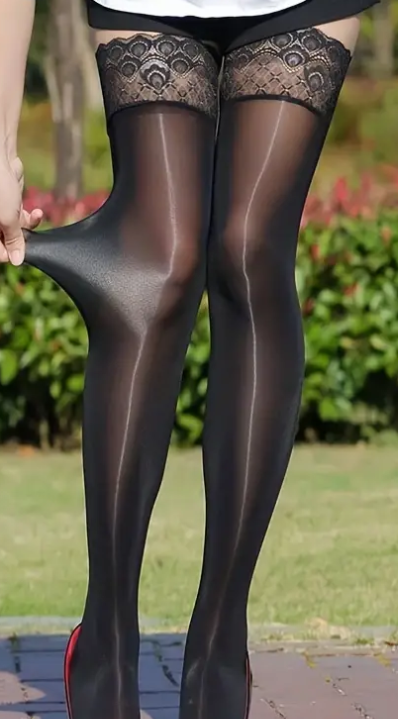 Lace Trimmed Tigh High stockings oil shine black luxury sissy CD TV soft feel