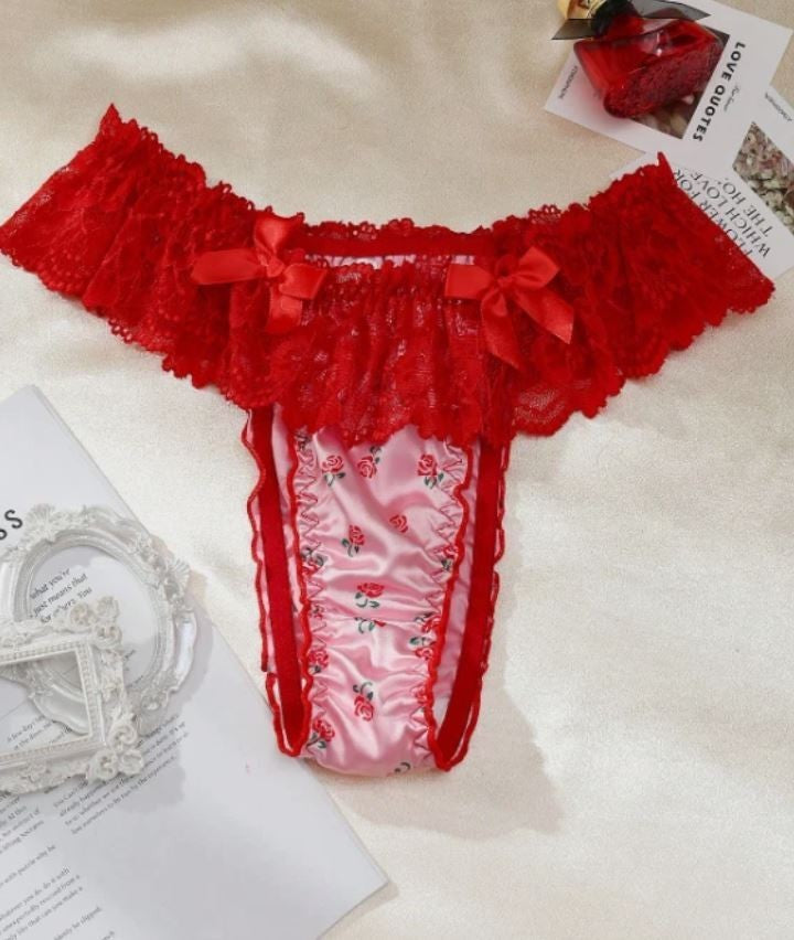 Ladies silky satin Lace Thong Floral Frilly Knickers Panties sissy L UK 12-14