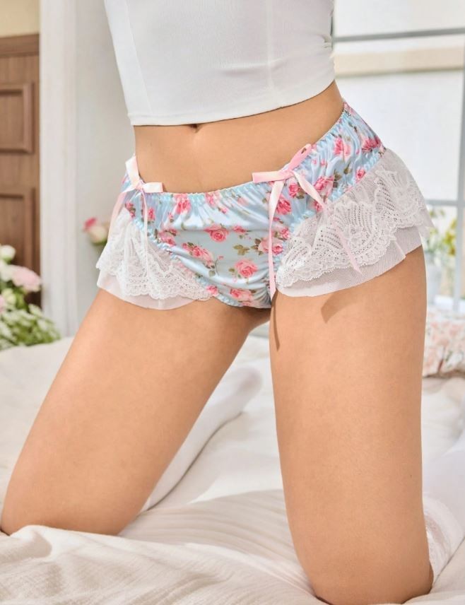 Womens blue floral silky feel panties satin knickers lace trim ruffles L  /12-14