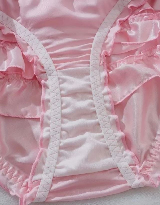 Women pink silky feel satin knickers ruffles red bow panties sissy CD size 10  M