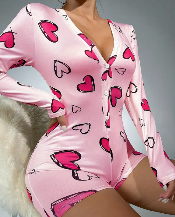 V neck heart print soft feel romper playsuit long sleeve polyester PJ