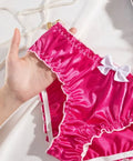 Womens silky feel pink satin panties white bow & trim sissy knickers size 10 (M)
