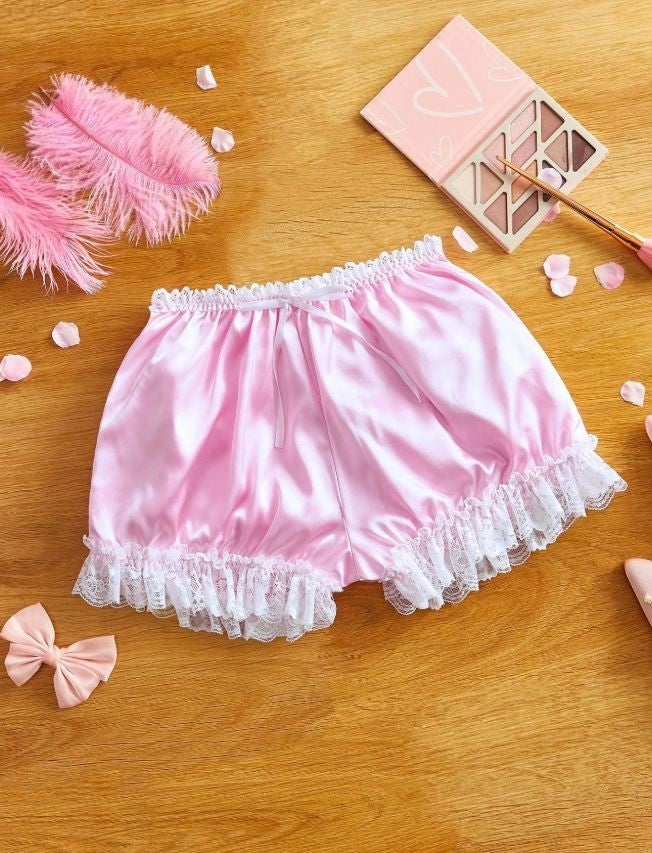 Stunning luxury silky feel satin pink bloomers panties knickers ruffles L/ 12-14