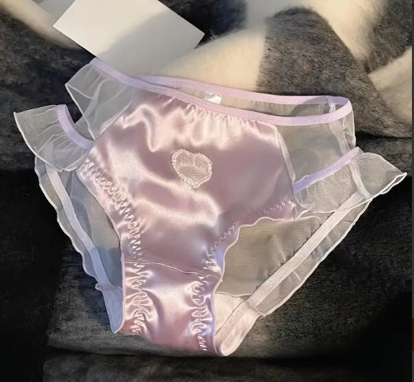 3 Pack Women's stunning satin / mesh knickers heart detail lace trim sissy CD TV