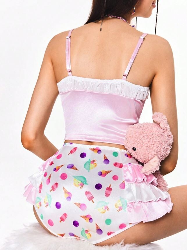 Womens stunning summer vibe satin knickers ice cream print and ruffle trim sissy
