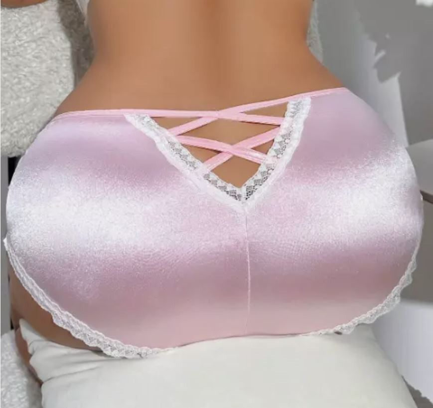Plus Size Pink Satin Lace Briefs High Waist CrissCross Back Detail size 16-18 XL