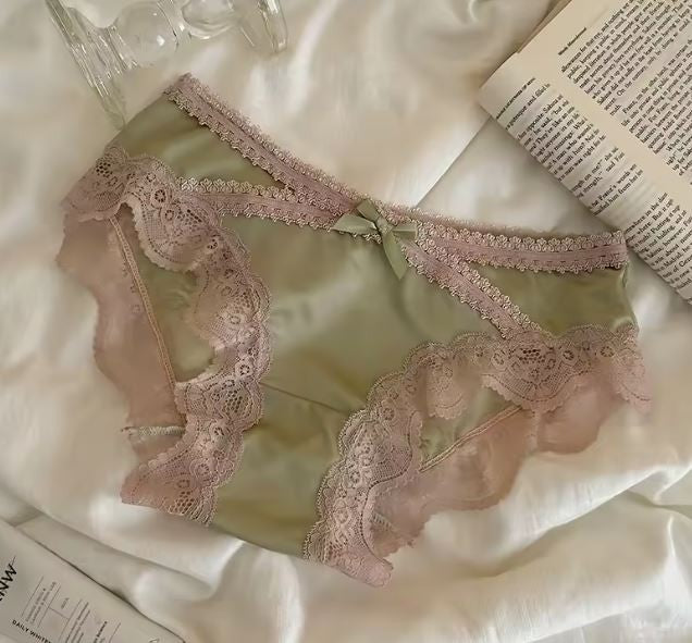 Women's silky feel satin green panties knickers lace bum trim sissy size 10 (M)