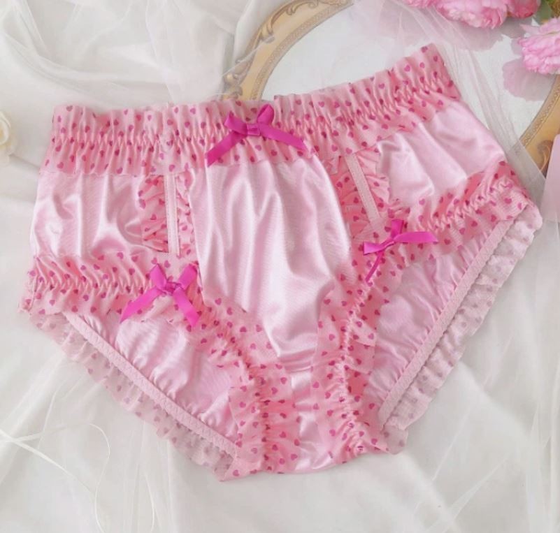 Pink Satin Ruffle Bloomers knickers Coquette Heart Mesh Bow Panties size S 8