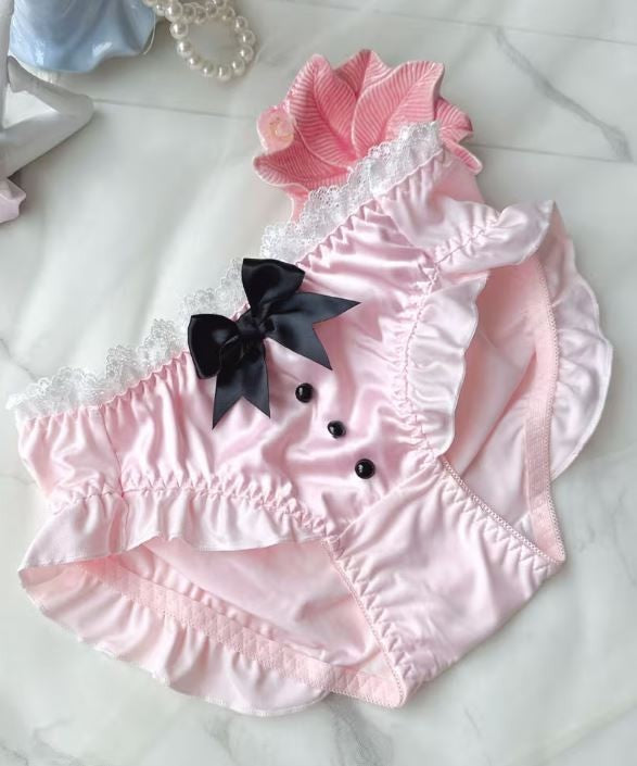 Pink Satin Frilly Knickers Lace Trim Bow Detail buttons detail size 2XL 14-16-18