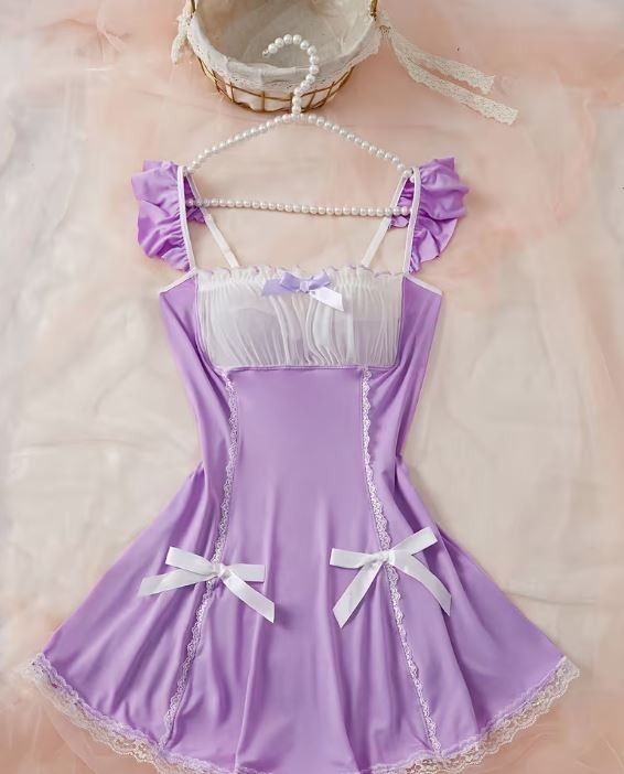 Lilac Satin Babydoll Nightdress Lace Trim Bow Chemise Lingerie size XL 16-18