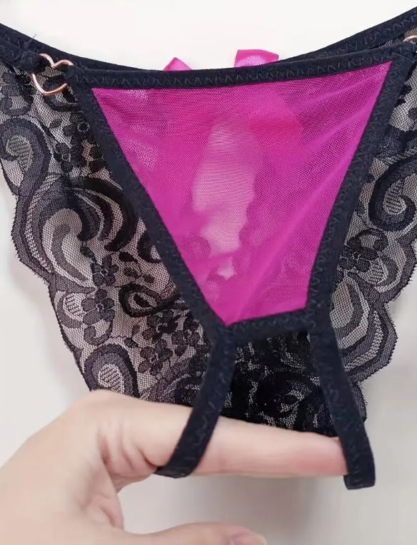 Women's soft mesh tanga Knickers Size S-UK 8 Pink Bow open crotch French style
