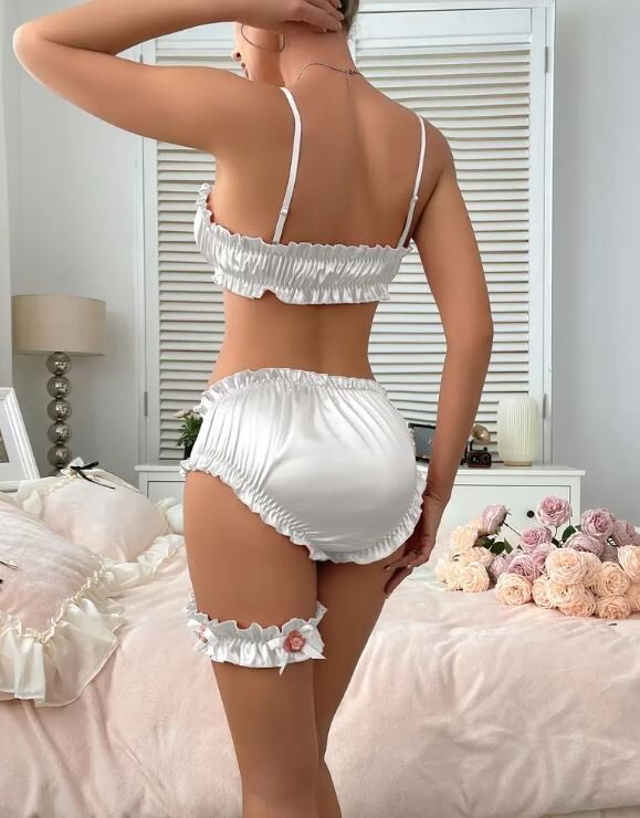 3-piece set satin bra knickers & garter sexy design sissy Pink Black Or White
