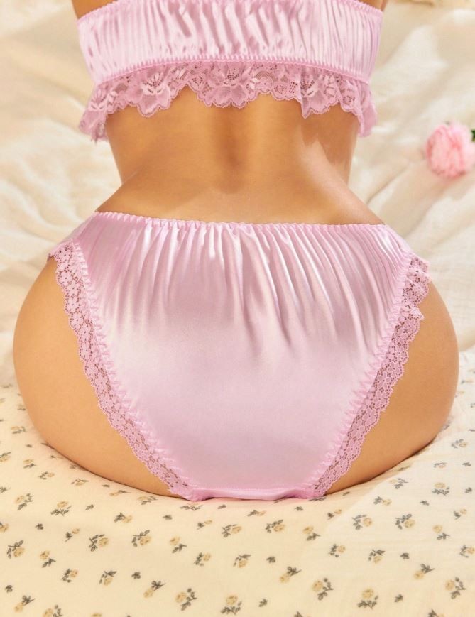 Silky Satin Frilly Tanga Knickers Briefs Panties pink lace trim size 12-14 / L