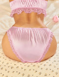 Silky Satin Frilly Tanga Knickers Briefs Panties pink lace trim size 12-14 / L